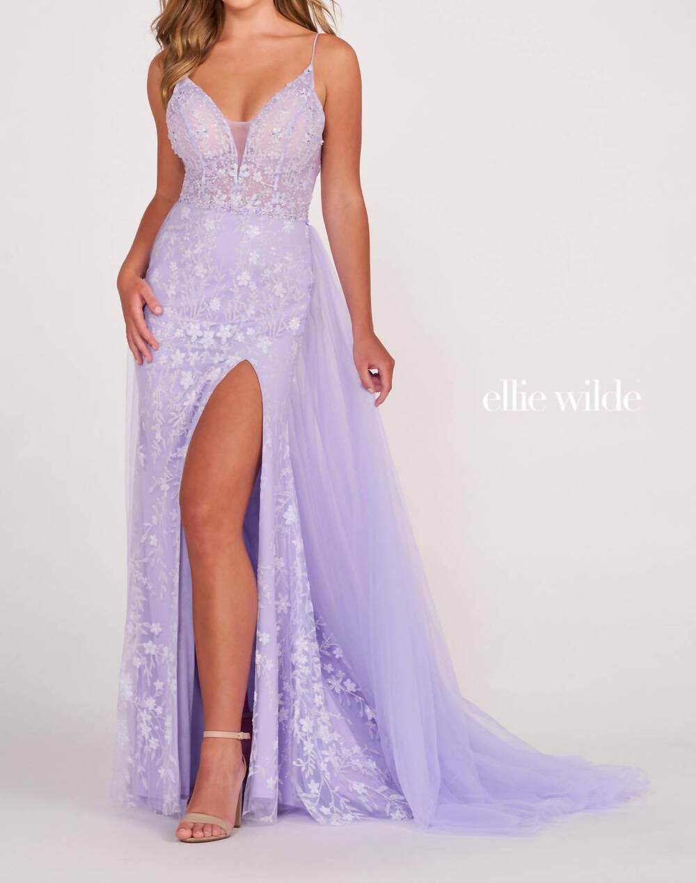 NEW ELLIE WILDE glittered sheath dress with detachable overskirt in lilac